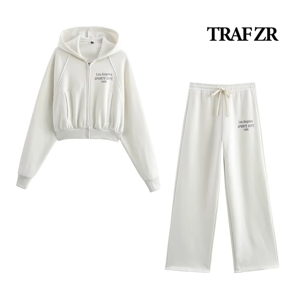 TRAF ZR Adjustable Drawstring Hood Sports Set Cropped Slogan Print Hoodie Match Washed-effect Jogging Pants Women's Elegant Sets