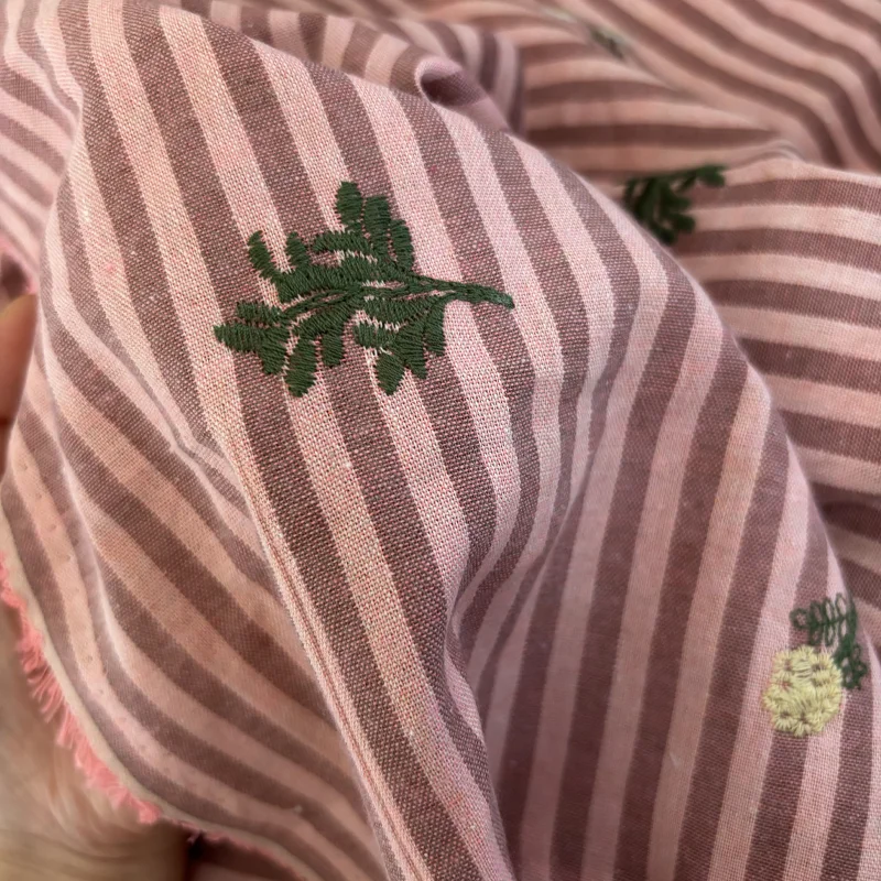 Linen-Cotton Fabric Pink AYellow Striped Embroidery Floral Sleepwear Dress Shirt Fabric view 5