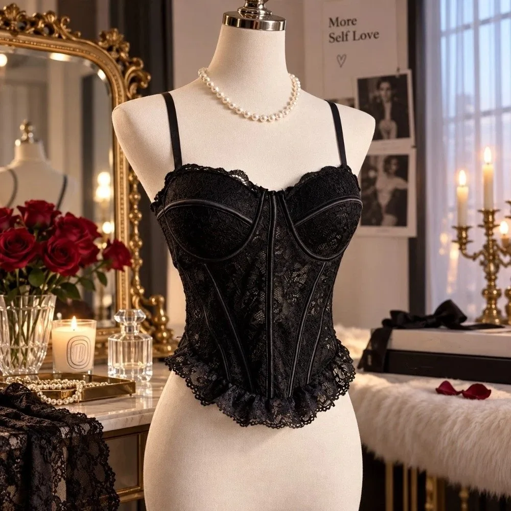 Hottie Mesh Transparentes Spitzen-Camisole, Figurbetontes Fischgräten-Spitzenkorsett, Ärmelloses Träger-Oberteil für den Alltag – Detail 11