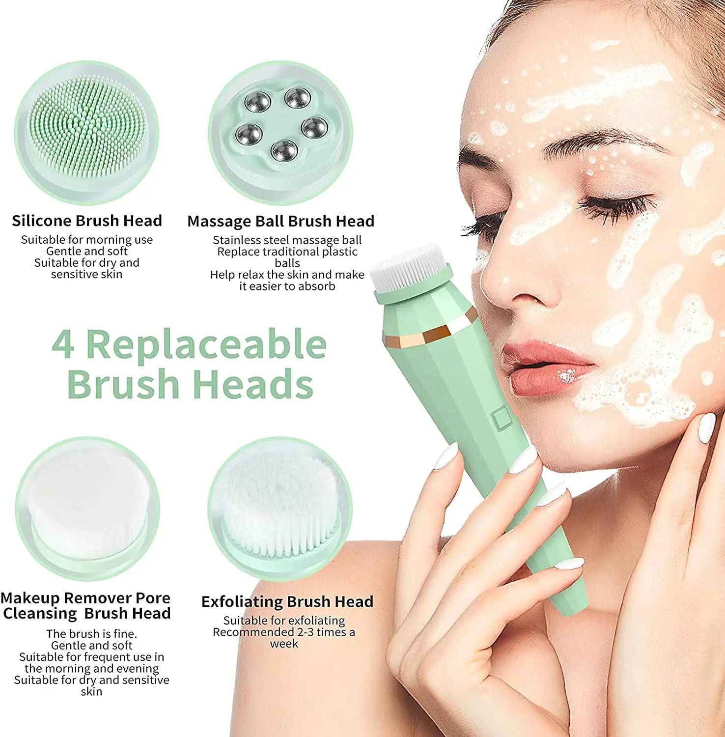 4-in-1 Waterproof Electric Facial Cleansing Brush USB Charging Ionic Operation 10000rpm Vibration 4 Replaceable Cleansing