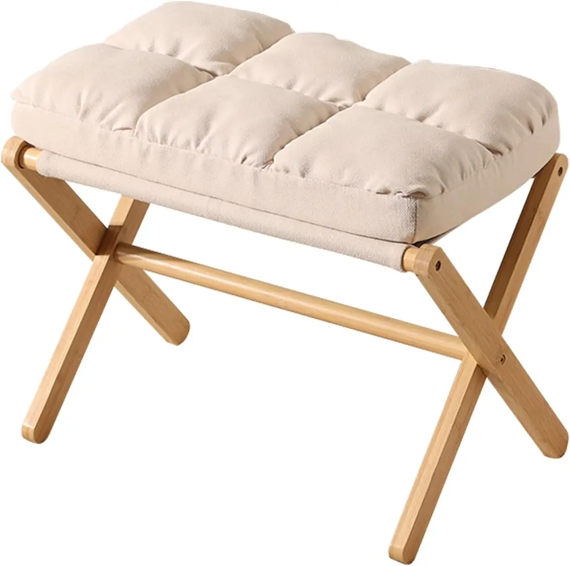 

Folding Foot Stool, Small Accent Ottoman With Thi Cotton Cushion & Bamboo X Legs, Modern Padded Sofa Stool For Makeup Bedroom