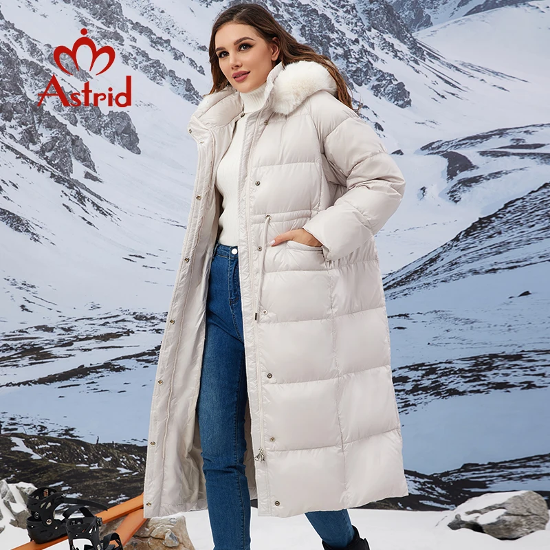 Astrid Women\'s Winter Parka Coats with Natural Fur Collar Hooded Belt Long Quilted Jackets Thick Warm Female Padded Overcoat