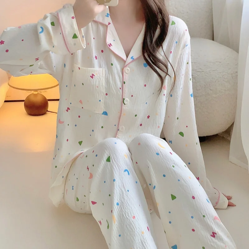 2024 New Women\'s Pajamas Set Spring Autumn Long Sleeve Cloud Cotton Sleepwear Student 2 Piece Pijamas Girl Casual Loose Homewear