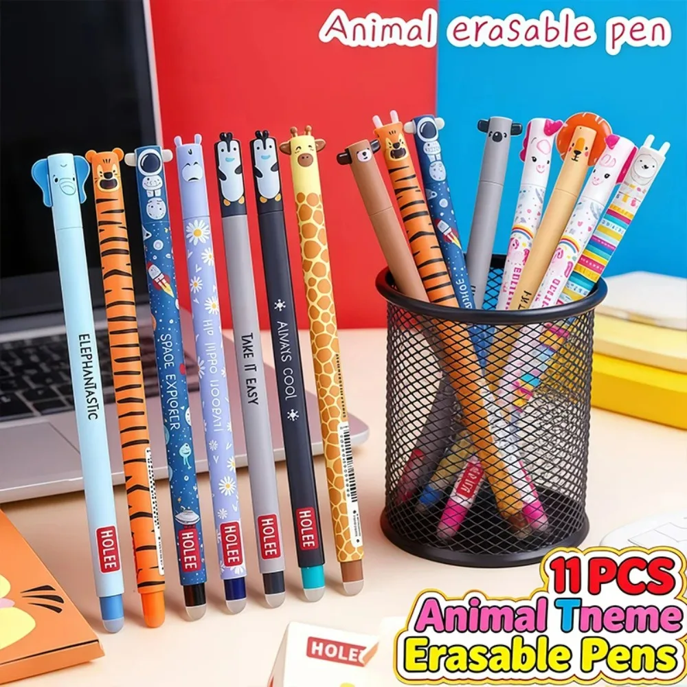 11 bolígrafos de punta redonda recargables de 0,7 mm, negros o azules, con diseño de animales, adecuados para estudiantes, para borrar errores de escritura y dibujo.