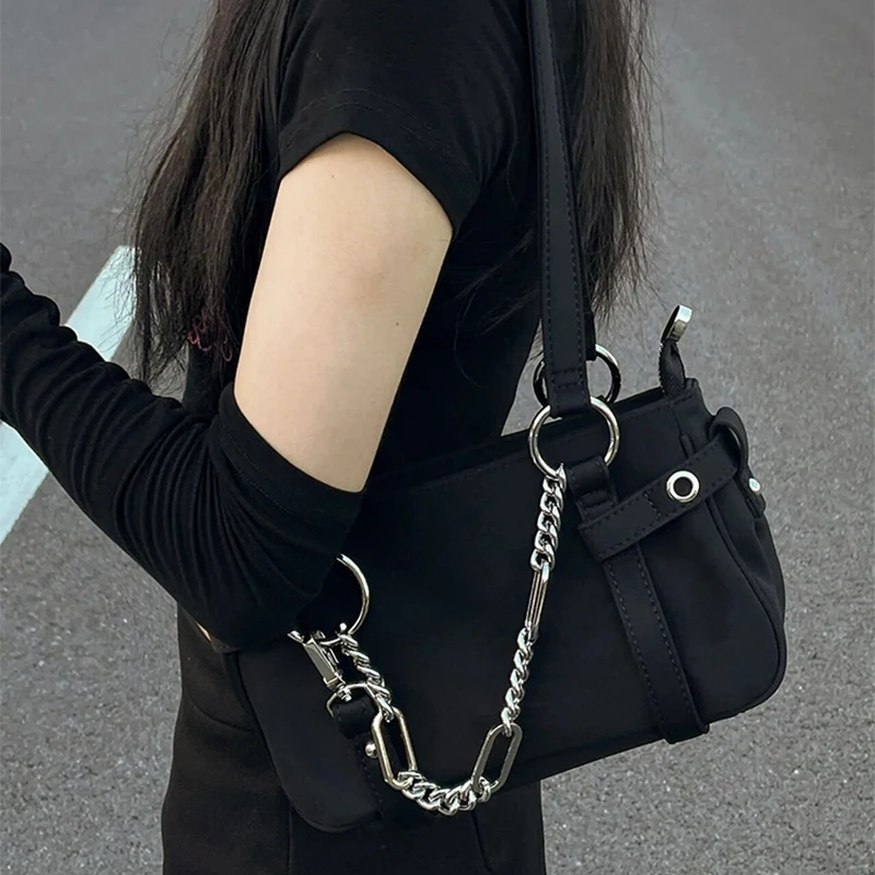 

Fashion Nylon Chain Shoulder Bag Women Classic Black Design Shoulder Bag Y2k Motorcycle Hobo Bag Ladies Trendy Underarm Bag