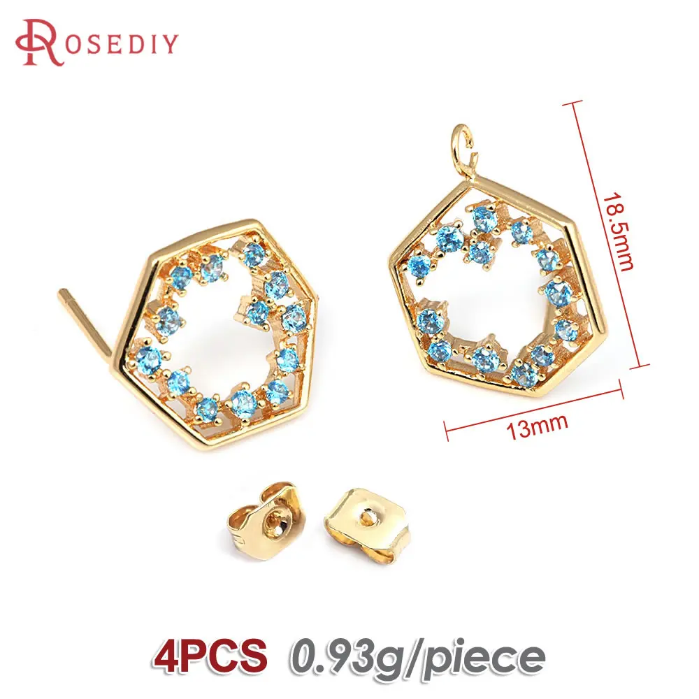 4PCS 18K Gold Color Brass and Zircon Hexagon Stud Earrings Pins Earrings High Quality Diy Jewelry Making Accessories for Women