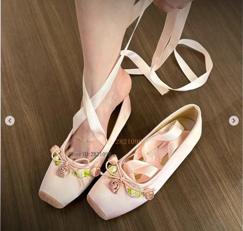 Women Wearing Ballet Shoes with Cross Straps Flowers Decor Fairy Ballerina Flats Square Toe Lace Up Shoes