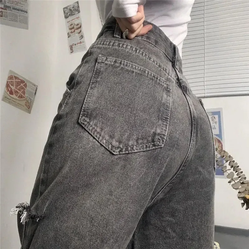 Vintage Streetwear Y2k Dark Gray Ripped Jeans For Women  Design High Waist Jeans Loose Straight Wide Leg Y2k Jean BE1 NBHG5FFTGB view 5