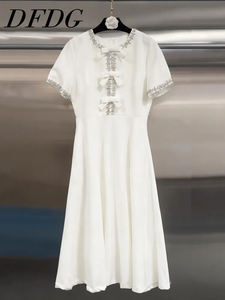 

DFDG Women's 2025 Spring Summer Elegant Midi Dress Bow Detail Waist-Cinched Slim Short Sleeve High-End Design Party Gown Dress