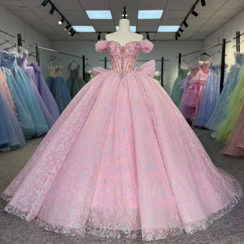 

Бальное платье Quinceanera, маскарадные платья Vestidos De 15, Anos XV, блестящие с открытыми плечами, вечерние платья принцессы по индивидуальному заказу с короткими рукавами