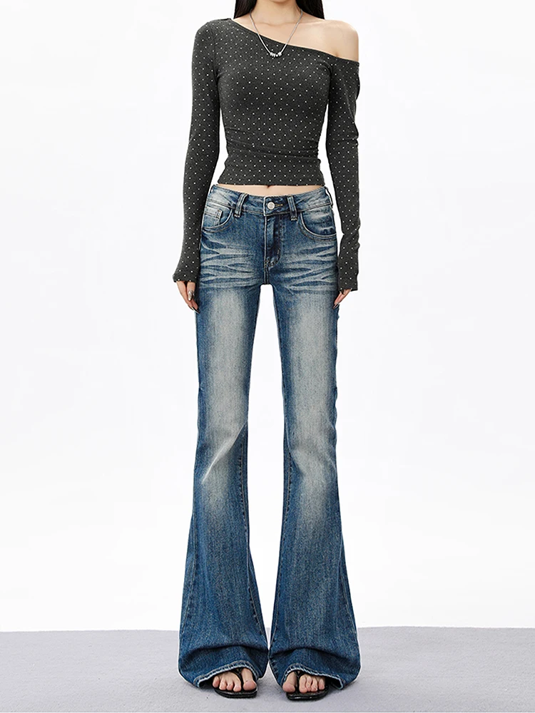 

Low Waist Bell Bot Denim Jeans Women's Tight Fit Stretchy Floor Length Pants American Retro Sle Casual Wear Spring Season