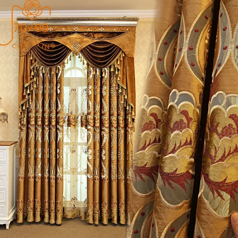 Customized Golden Brown Embroidered Window Screen Hollowed Out Velvet Curtains for Living Room Bedroom Window Balcony Villa