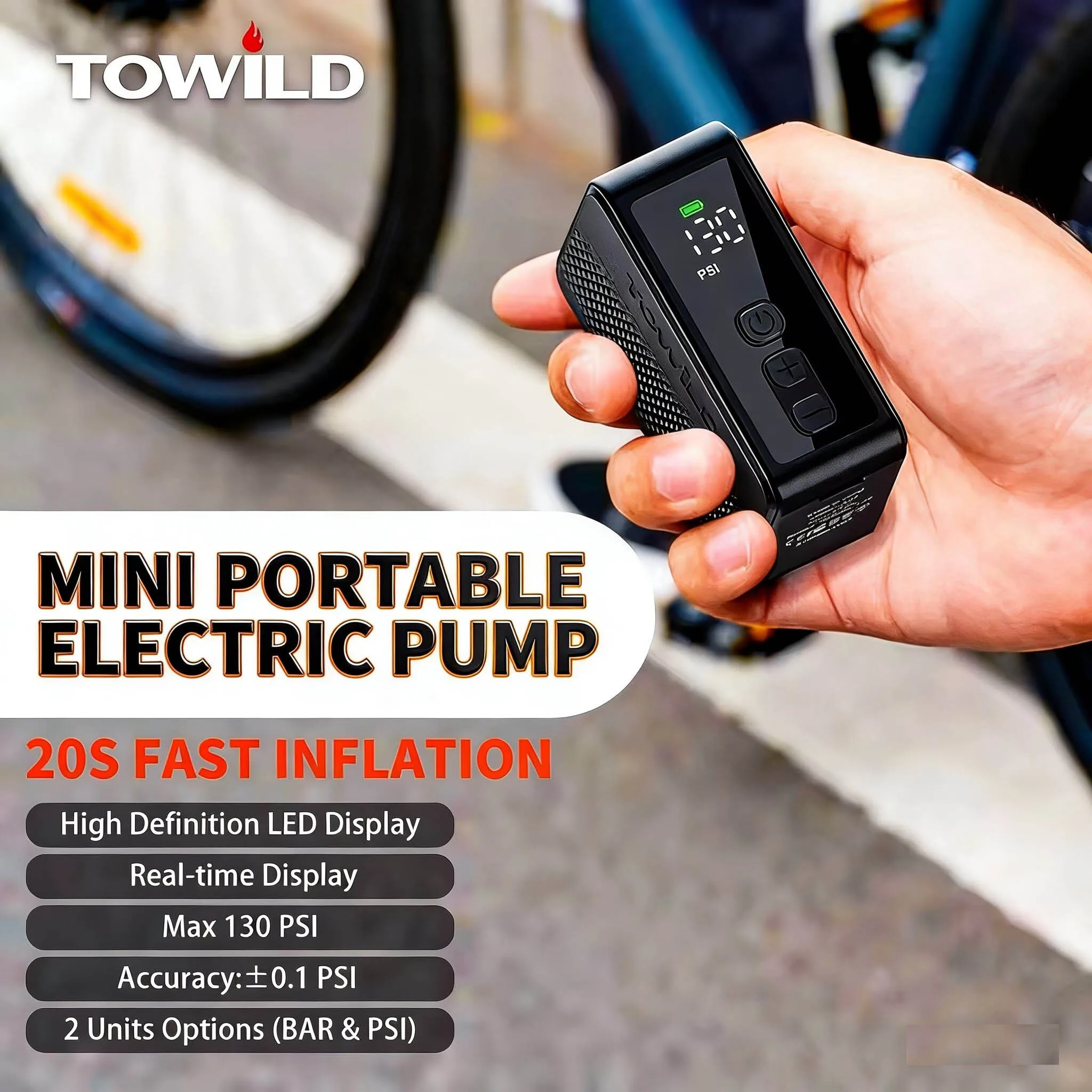 TOWILD A13 Electric Bicycle Inflator Max 130PSI Mini Portable Bicycle Air Pump For AV/FV Tire Inflator Outdoor Bike Accessories