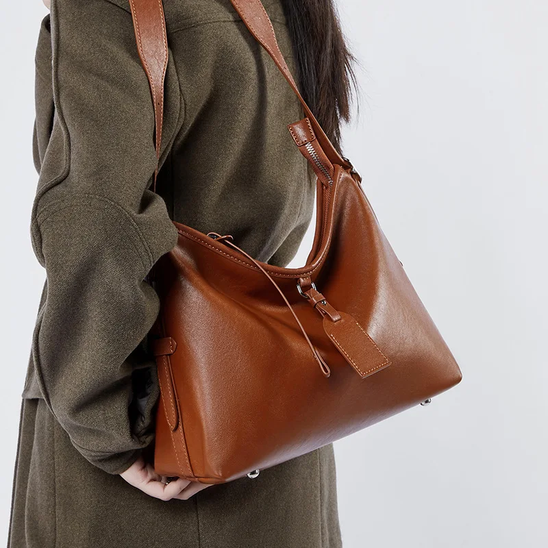 

Leather Women's Bag Lazy Style First Layer Vegetable Tanned Cowhide Tote Bag Large Capacity Shoulder Bag Simple Versatile