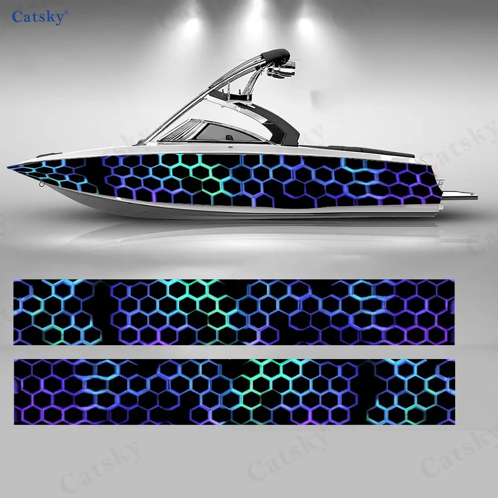 Blue & Purple Gradient Honeycomb Boat Stickers, PVC Waterproof Vinyl Wrap Decals for Fishing Boats, Durable and Stylish Design