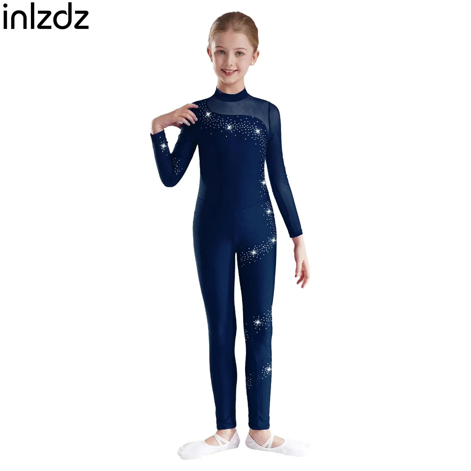 

Kids Girls Figure Skating Jumpsuits Sparkly Rhinestones Leotard Sheer Mesh Patchwork Long Sleeve Keyhole Back Dance Competition