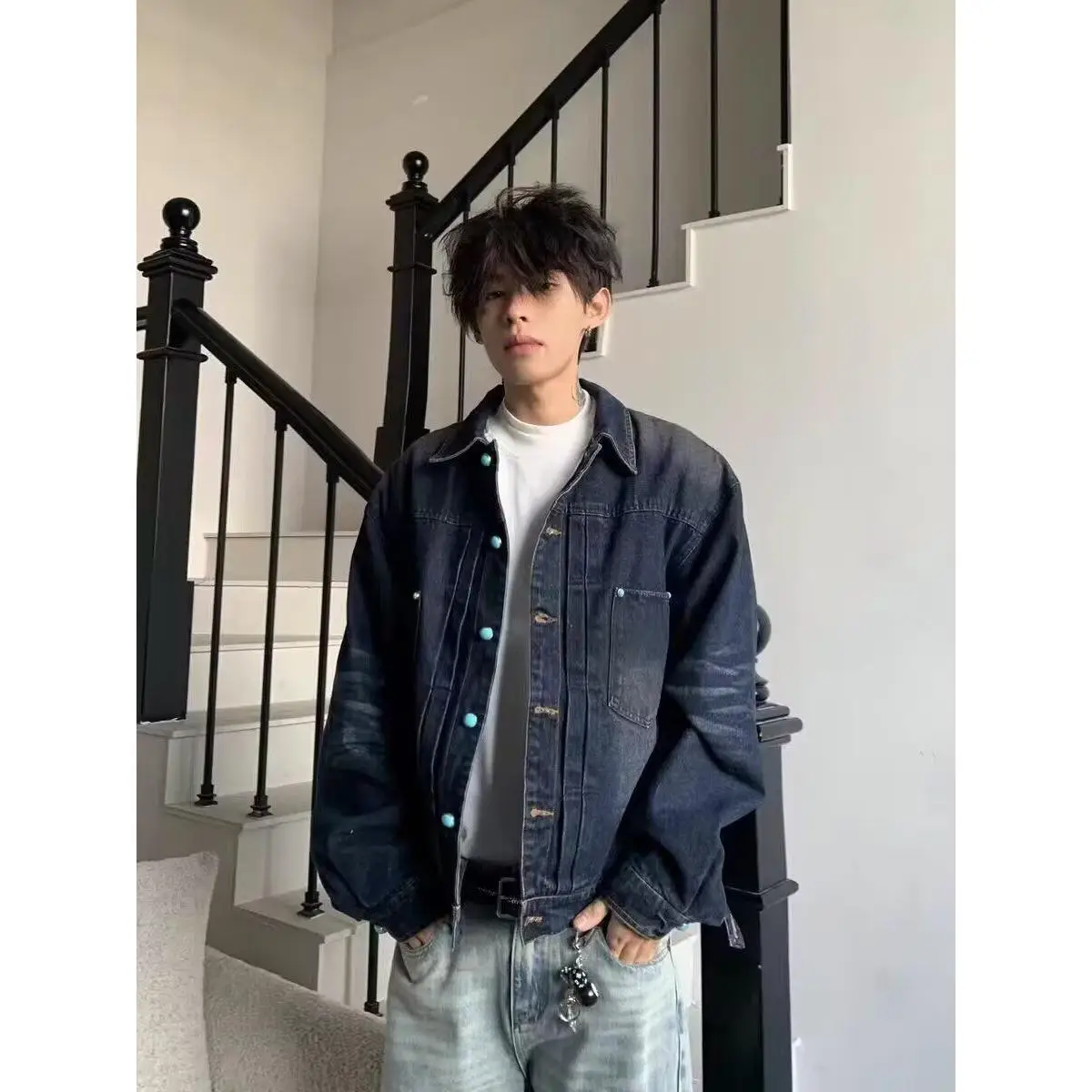 

Retro American Waed Denim irt Men Spring Autumn Casual Loose Long Sve Jaet Striped Outerwear Polyester Stand Fit