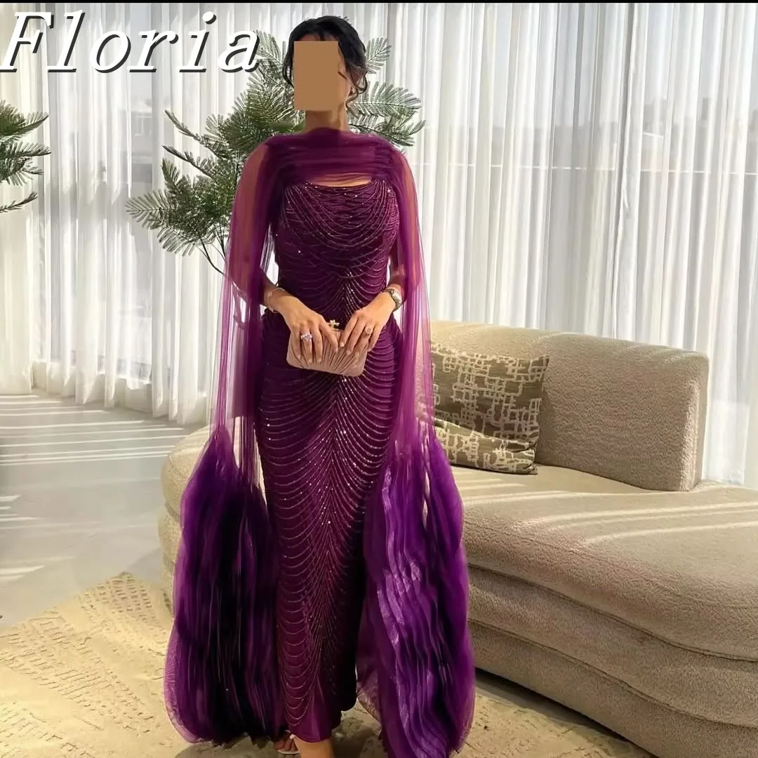 

Purple Dubai Muslim Exquisite Cap Sleeves Long Formal Evening Party Dress High Neck Beaded Customized A-Line Dinner Party Dress