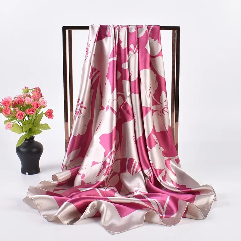 Spring Summer Floral Imitation Silk Muslim Scarf Women 90x90 Printed Square Head Scarf Multi Functional Luxury Design Head Hijab