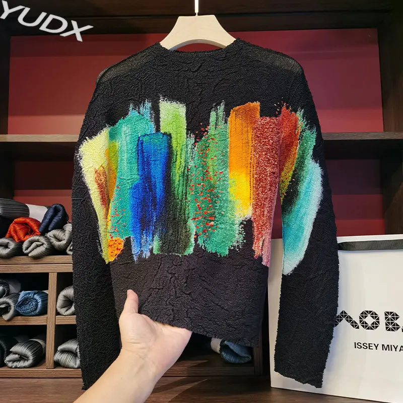 

YUDX Miyake Pleated Oil Painting Color Blocking Round Neck Long-sleeved Spring Summer Stitch Women Clothing Graphic T Shirts