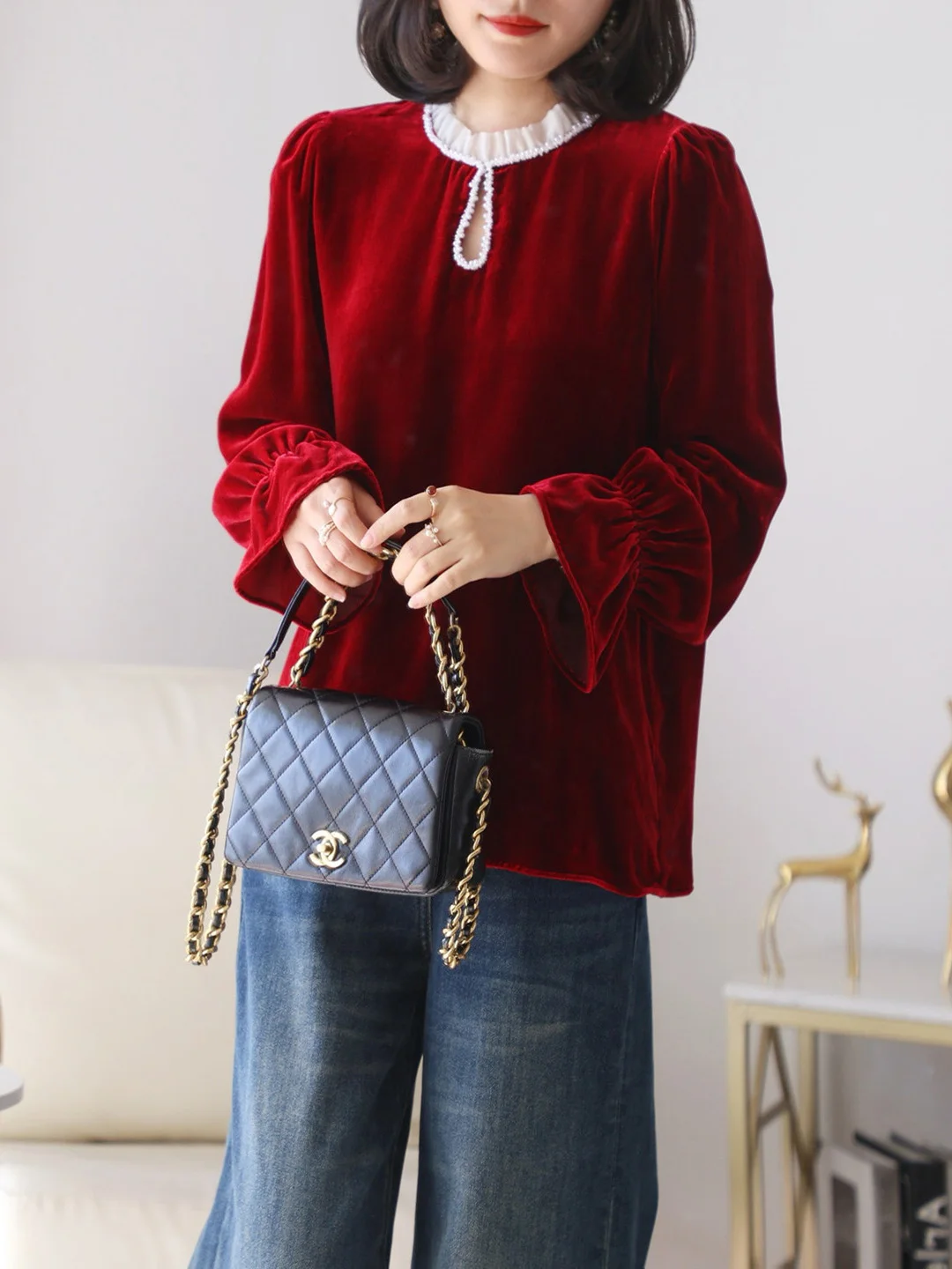 

Женская блузка Ele Chinese Sle из шелкового бархата с круглым вырезом, украшенная жемчугом и цветочным кружевом, специальное предложение, улучшенная версия