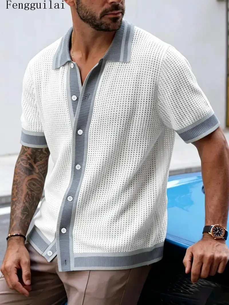 Men Color Block Hollow Knit Polo Shirt Lapel Short Sleeve Button Down Breathable Casual Knitted Open Shirt Summer Top