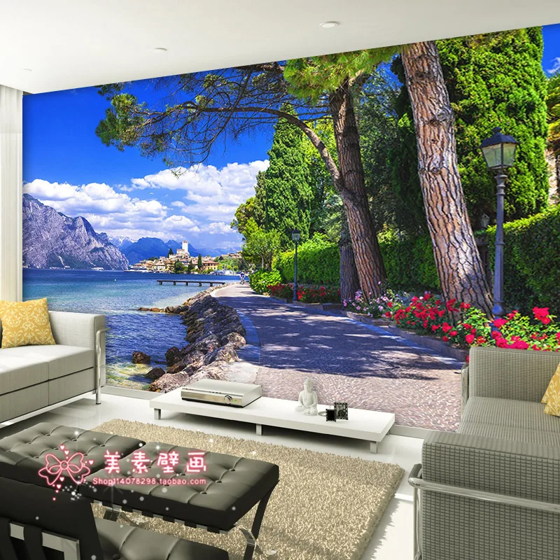 

Пользовательские 3D современный рай с видом на озеро, садовые обои, спальня, гостиная, диван, столовая, фон, настенная роспись, вид на море, пляж