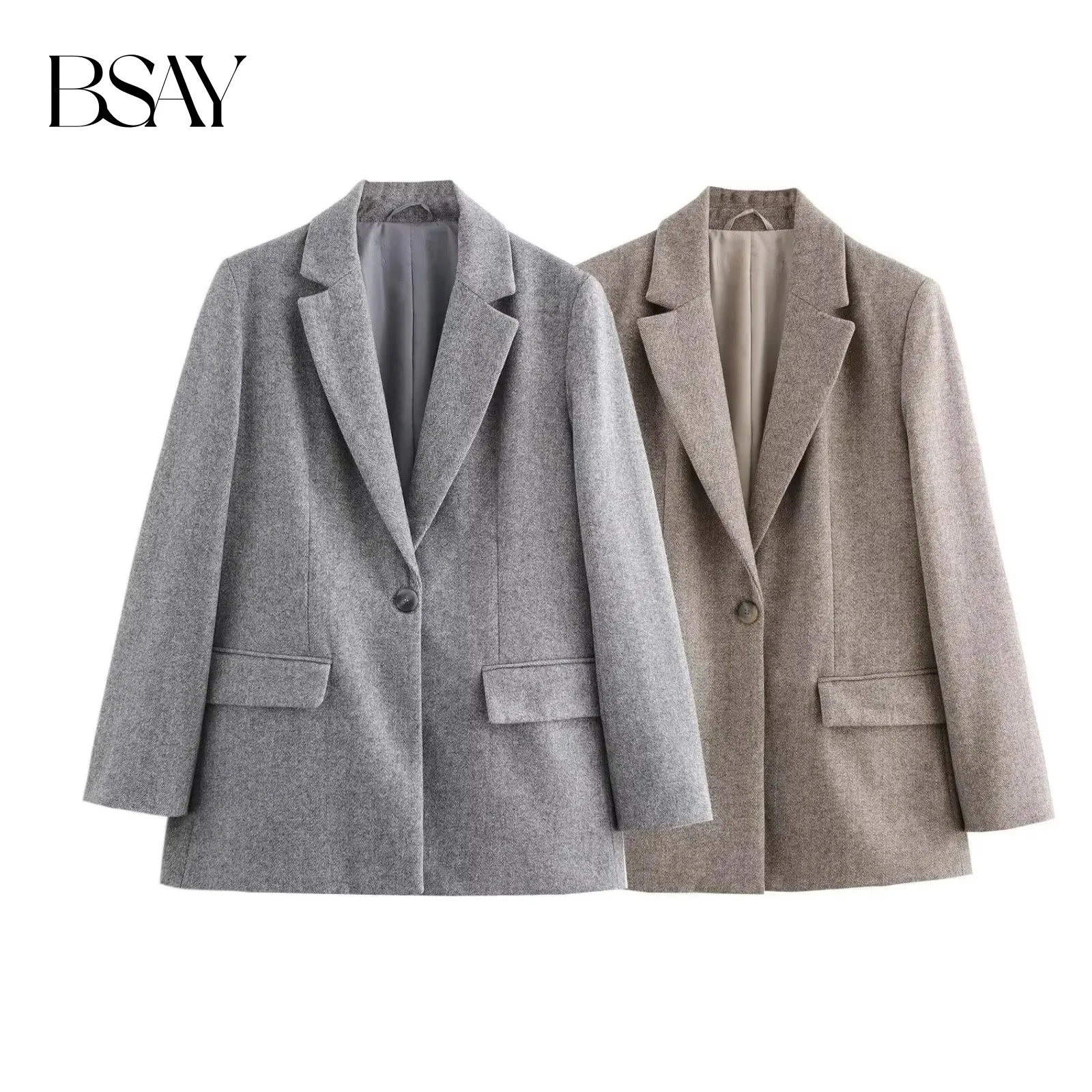 BSAY Wool Blend Suits Jacket for Women Fashion Autumn Long Sleeve Single Buckle Casual Female Flip Pocket Blazers Suit Coat