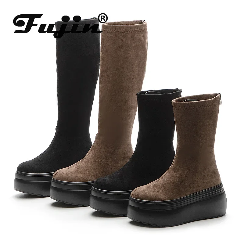 Fujin 8cm Stretch Fabric Synthetic Women ZIP Platform Wedge Spring Autumn High Brand Winter Plush Breathable Shoes Ankle Boots