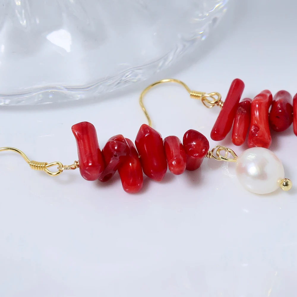 Natural Freshwater Pearl Long Red Coral Earring Korean Style Women Luxury Jewelry Fashion Ladies and Girls Gift GE1549