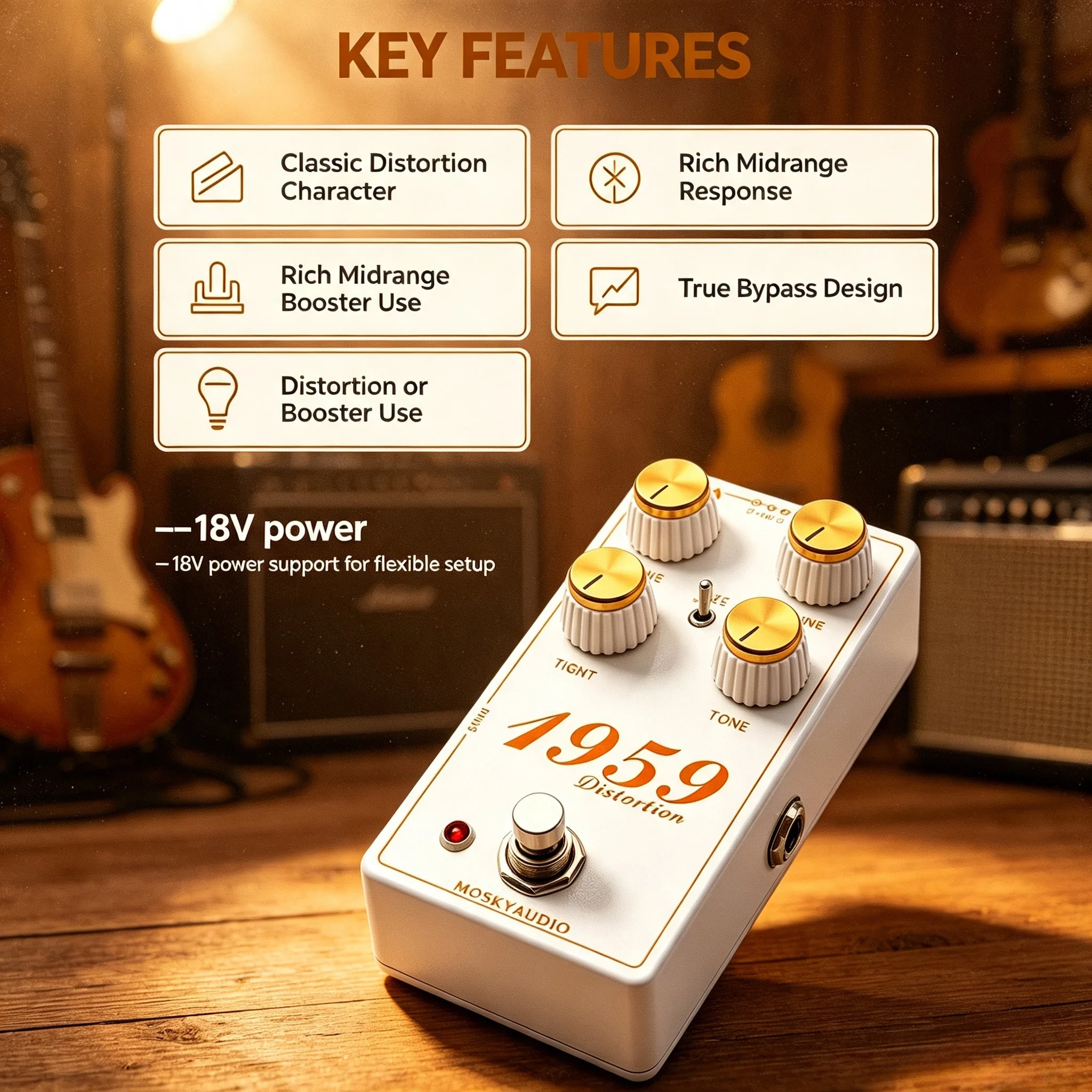 MOSKYAUDIO 1959 Tube Amp Simulator Pedal British-Style Distortion Booster 3 Modes Plexi JCM800 Bluesbreaker for Electric Guitar image 3