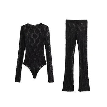 Slim-fit Lace Jumpsuit เสื้อและกางเกงชุดเซ็กซี่แขนยาวดอกไม้ Hollow Out Design O-คอเซ็กซี่ Jumpsuit กางเกงเอวสูงสีดํา