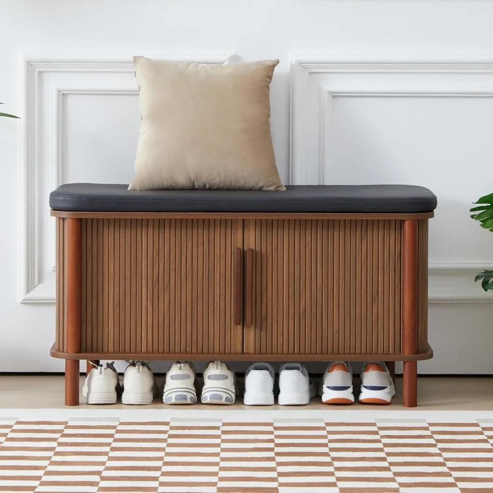 

Shoe Bench, Shoe Storage Bench with Leather Cushion and Sliding Door, Modern Shoe Organizer Cabinet for Living Room, Bedroom, En