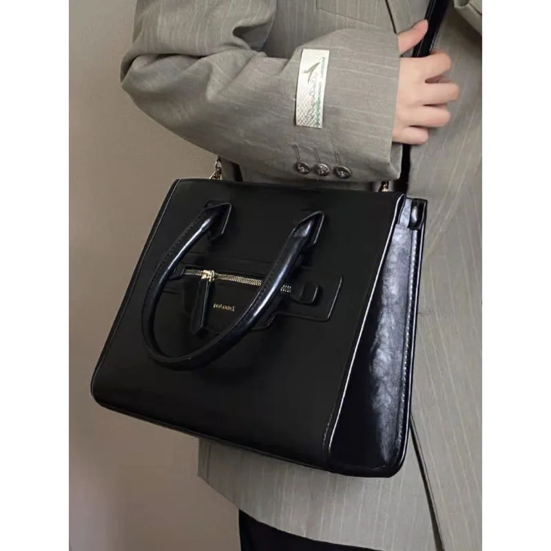 New Korean Version Solid PU Leather Briefcase Tote Bag Advanced Sense Simple Single Shoulder Classical Crossbady Handbag Female