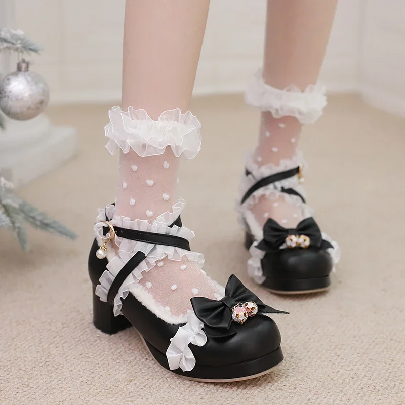 Women High Heels Cross Strap Mary Jane Pumps Party Wedding White Pink Black Ruffles Bow Princess Cosplay Lolita Shoes 31-43