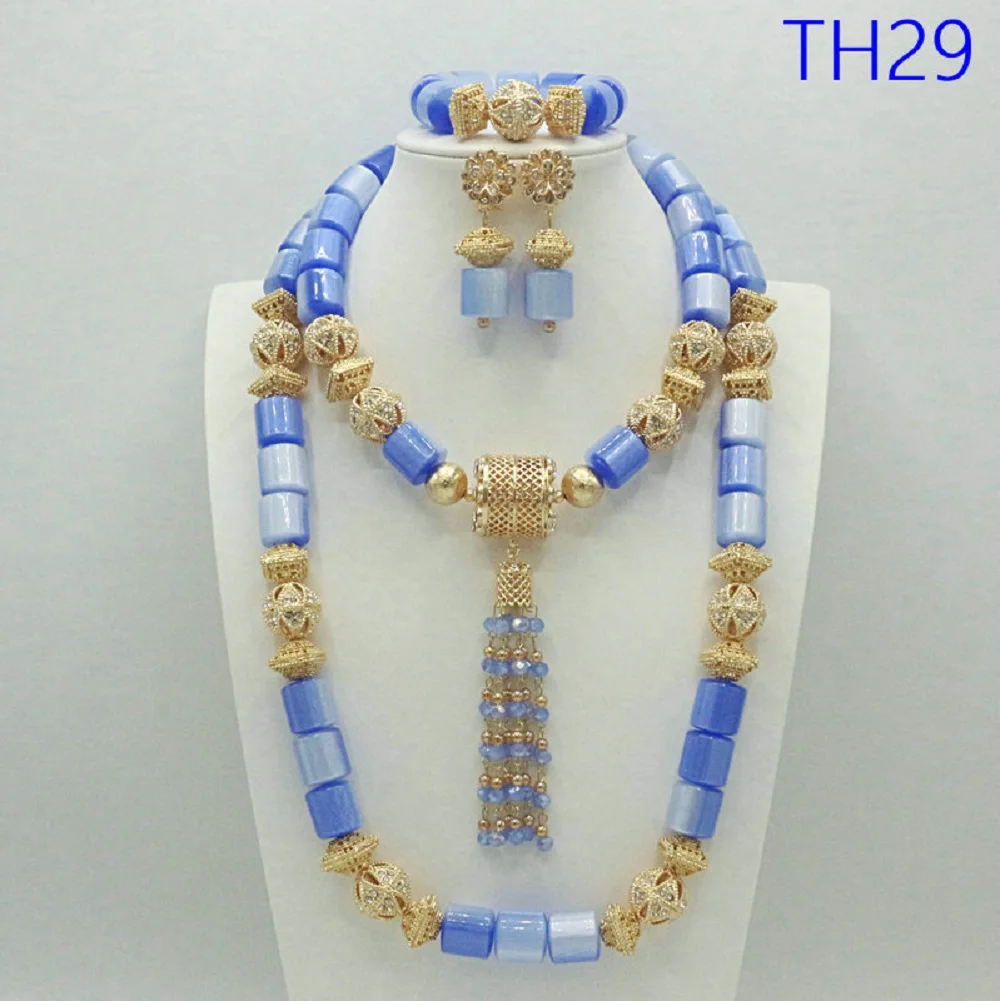 

African Fashion Coral Beads Jewelry Set Gold Plated Bridal Accessory - Earrings Necklace And Bracelet Ensemble