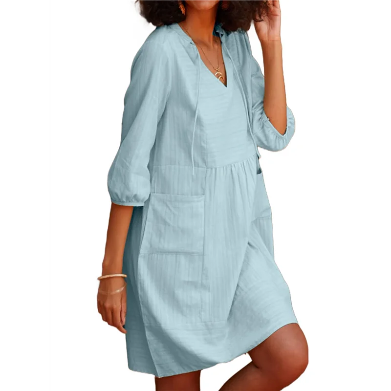 AOAO-Abito estivo da donna con scollo a V in cotone, tunica ampia, grembiule, abito da vacanza, tasca con maniche a 3/4