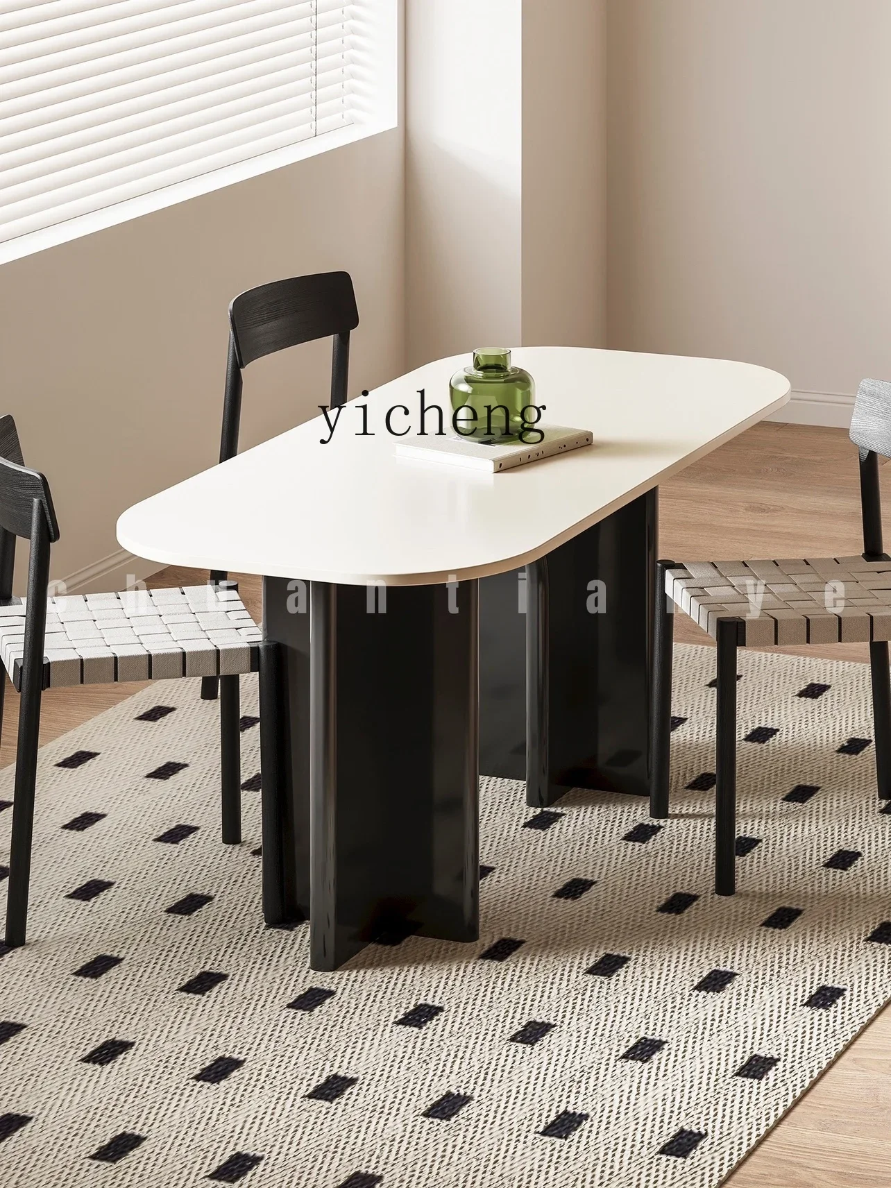 ZK Cream Style Black and White Dining Table Modern Simple and Light Luxury Small Apartment Home Oval Dining Table