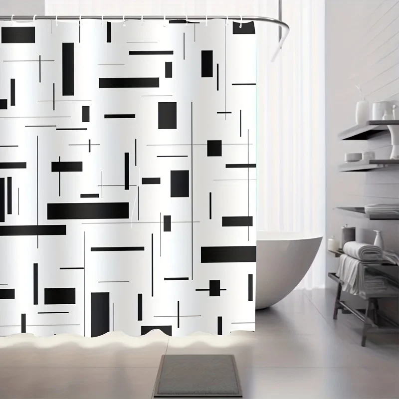 3D Flat Shower Curtain Featuring a Combination of Black And White Geometric Designs, Ideal for Bathroom Decor And Cubicle Additi