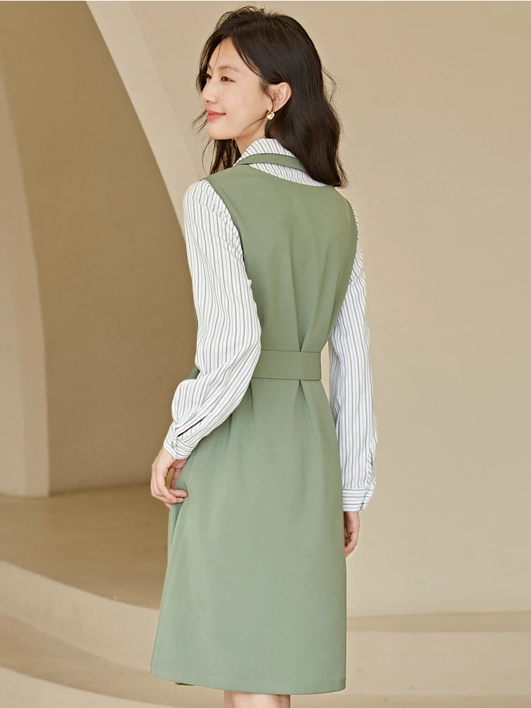 Vimly Elegant Striped Fake Two Piece Shirt Dress for Women Autumn Fashion New Tie Belt A-line Green Dresses Women\'s Clothing