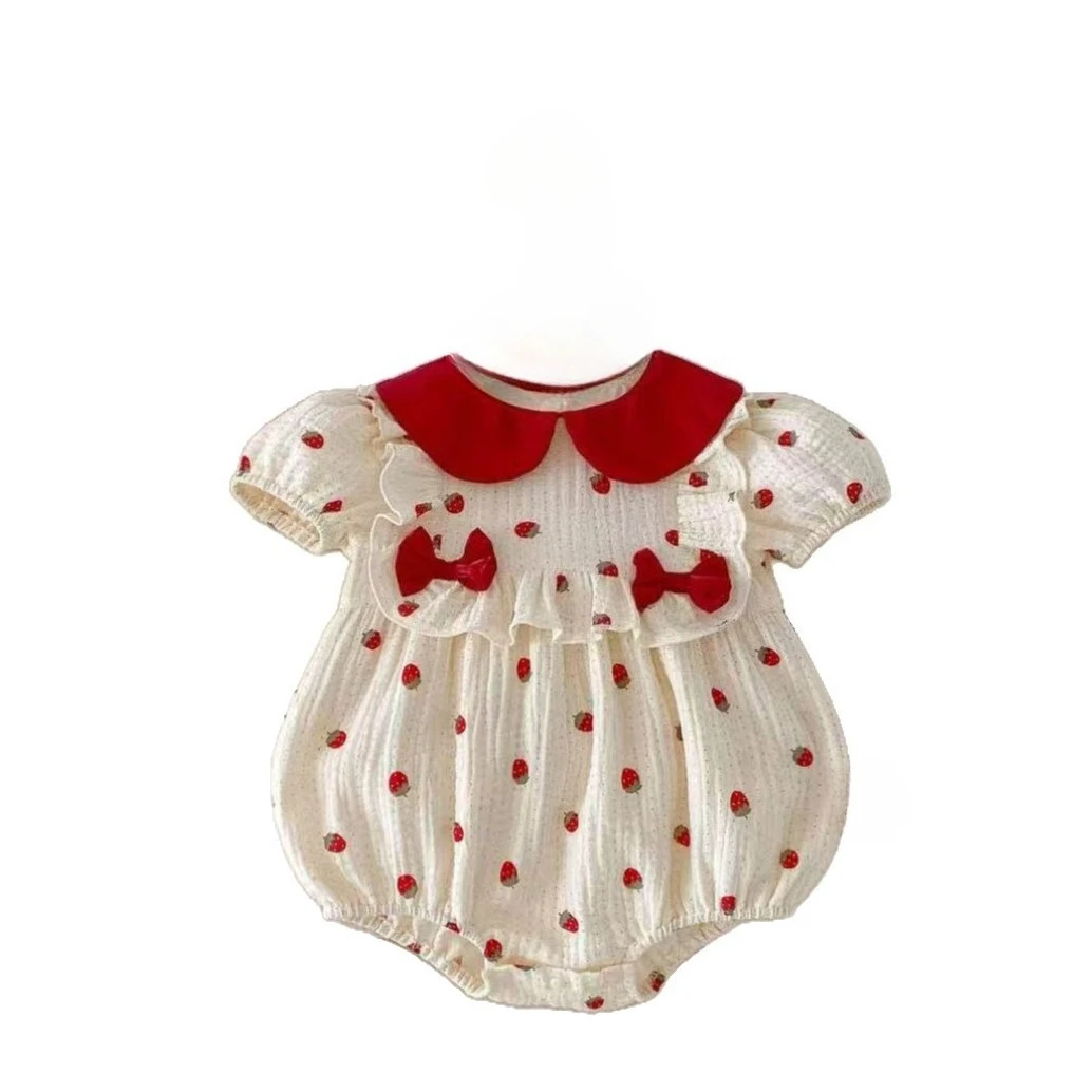 Summer Lapel Strawberry Fart Coat Baby Girl Polka Dot Bubble Sleeve Onesie Doll Collar Bow Romper Baby Clothes 6-18M