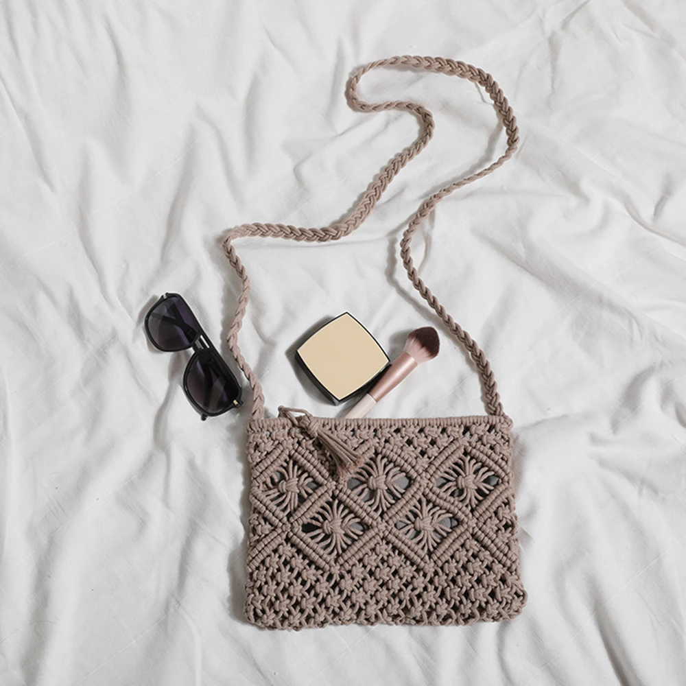 Saco de praia de palha ombro Messenger Bag para mulheres, Boho Tassel, Oco Out Crochet Crossbody Handbag, Macramé Clutch Purse Bags