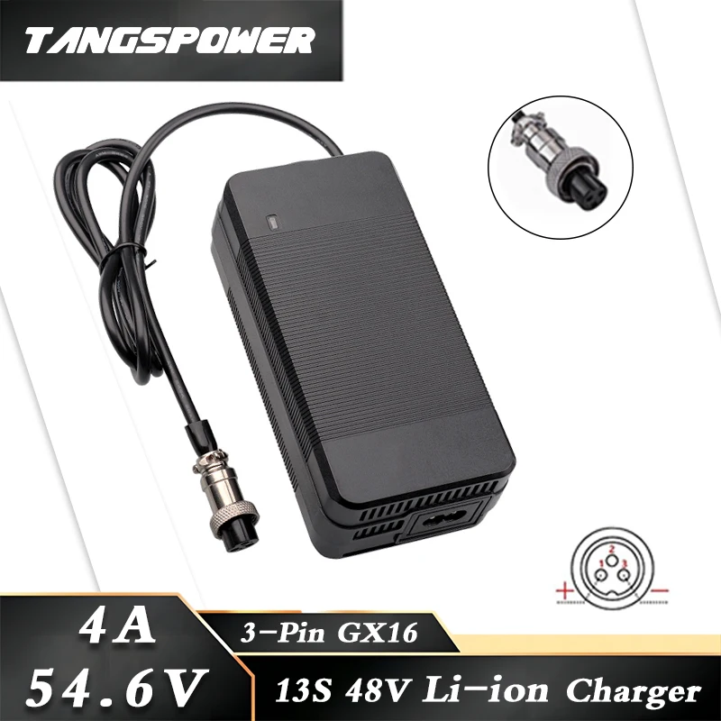 54.6V 4A Lithium Battery Charger 13S 48V Li-ion Battery Pack Fast Charging 3-Pin GX16 Connectors Power Tool Charger Cooling Fan