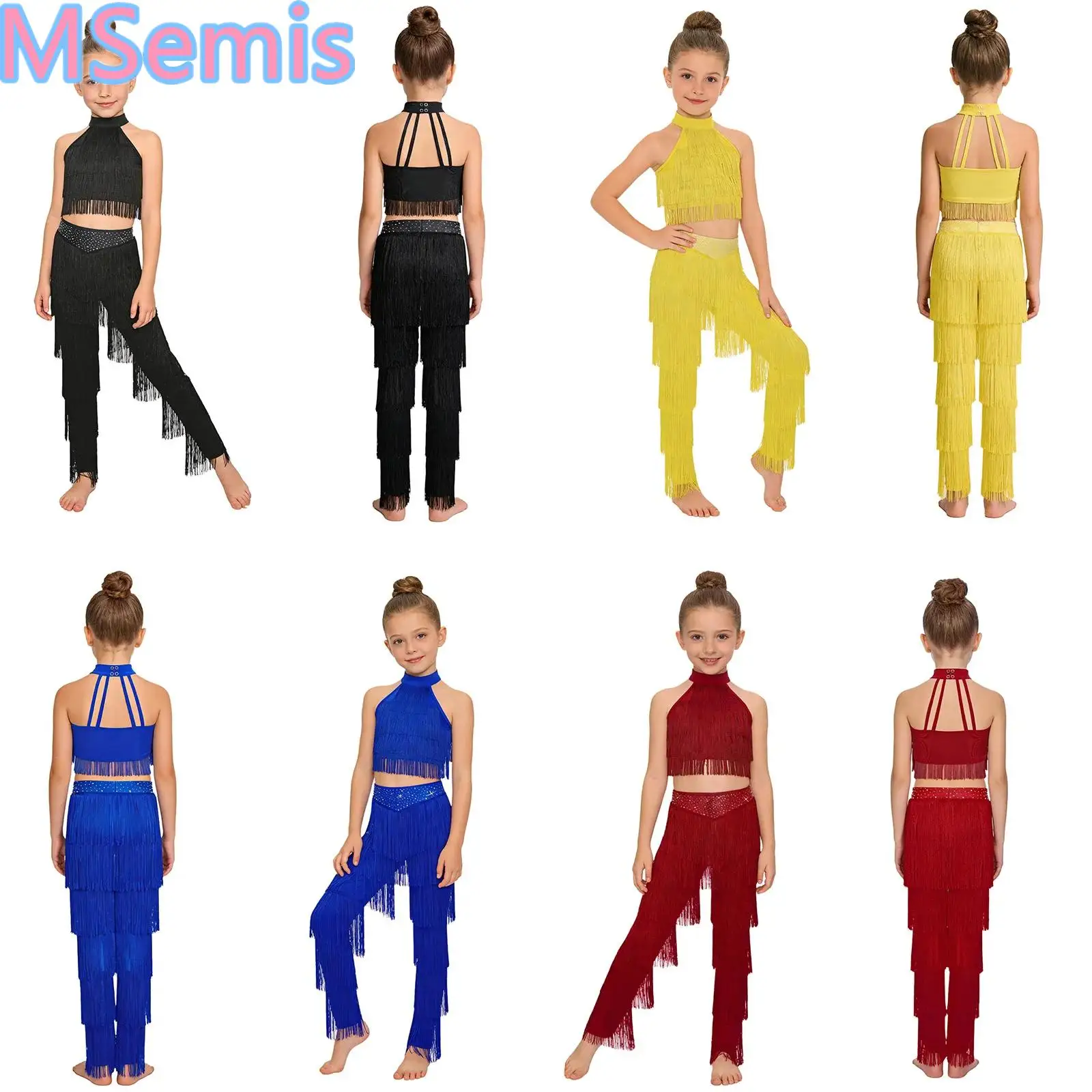 

Kids Girls Latin Salsa Dance Outfits Sleeveless Strappy Back Tiered Tassels Crop Top with Elastic Waistband Fringe Pants