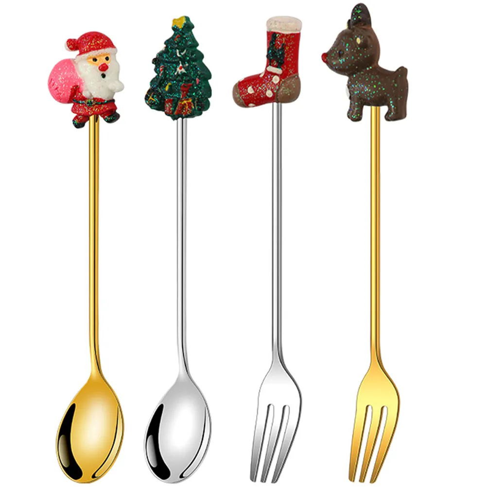 1Set Adorable Christmas Cutlery Set Stainless Steel Spoon Fork Kit for Holiday Party Tableware Dessert Serving Kitchen