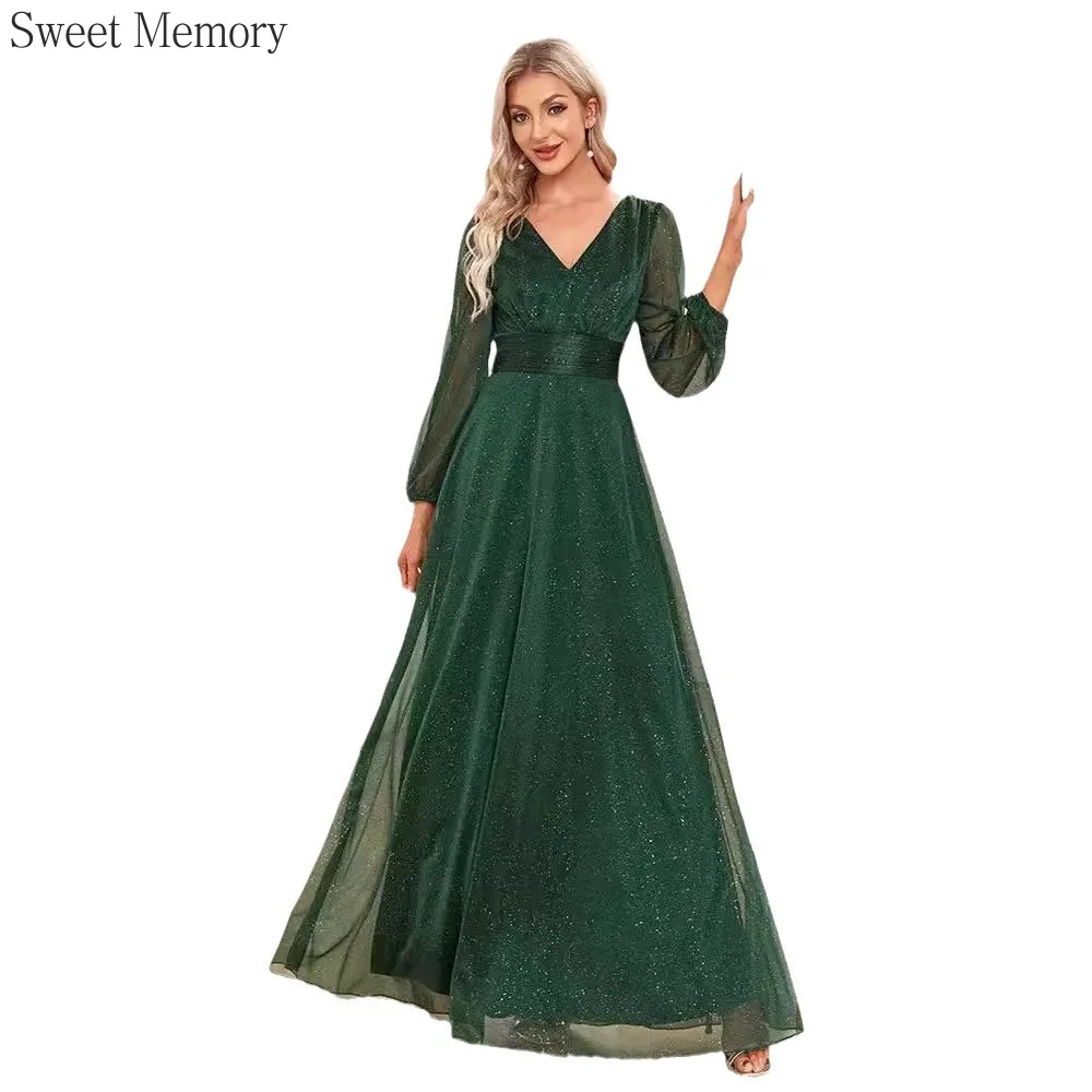 N129 Customized Full Sleeves Green V-Neck Formal Dresses Sweet Memory Wedding Bridesmaid Dress Long For Women Girls Party Robe