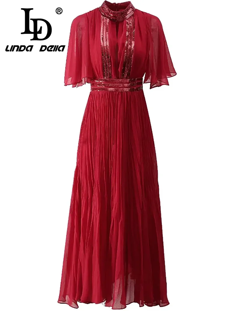 LD LINDA DELLA Fashion Designer Summer Dress Women\'s Vintage Solid Color Sequins Draped Chiffon Flutter Temperament Dresses