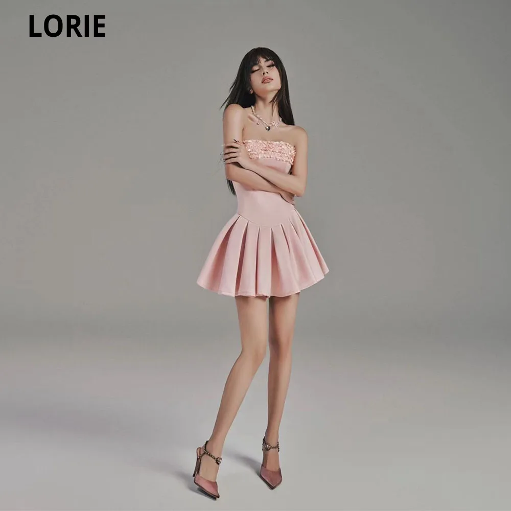 

LORIE Elegant Pearl Pink Prom Dresses Sexy Robes De Soirée Short Strapless Flowers Ruched Above Knee Graduation Vestidos De Gala