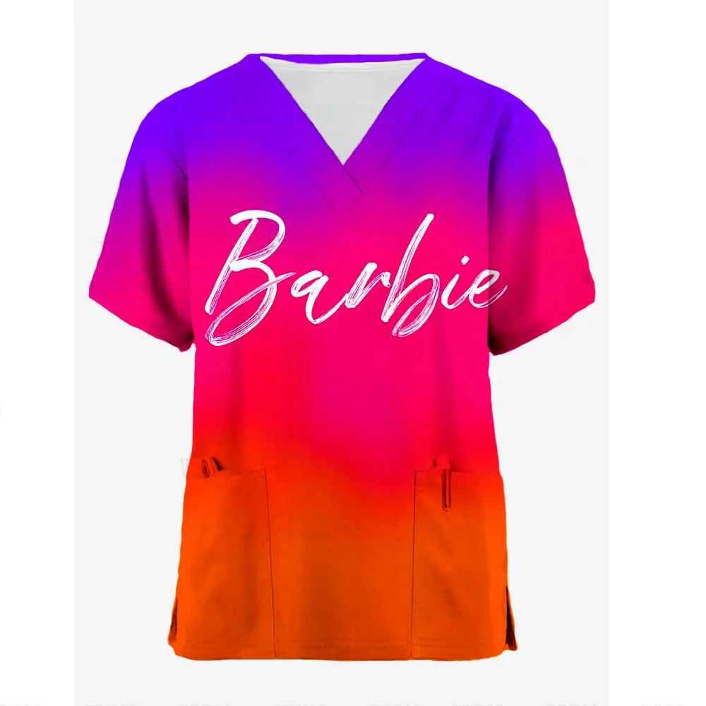 Medical Nurse Uniforms Women Medical Barbie print Scrub Shirts Clinical V-neck Blouse Cartoon Pocket Scrubs Top Beauty Work