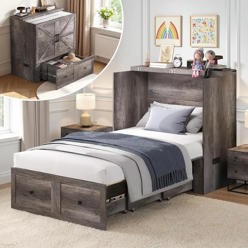 Rustic Grey Twin Size Murphy Bed with Storage and Charging Station for